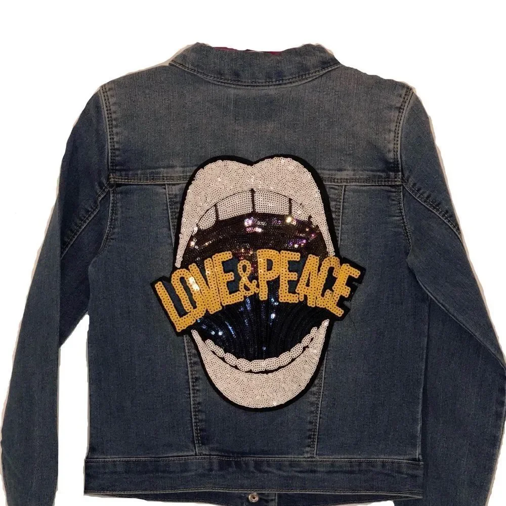 Denim Jacket With Sequin Love & Peace Lips Patch